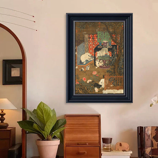 French Vintage Cat Wall Art - Chinese Retro Decorative Painting for Dining Room & Tea House