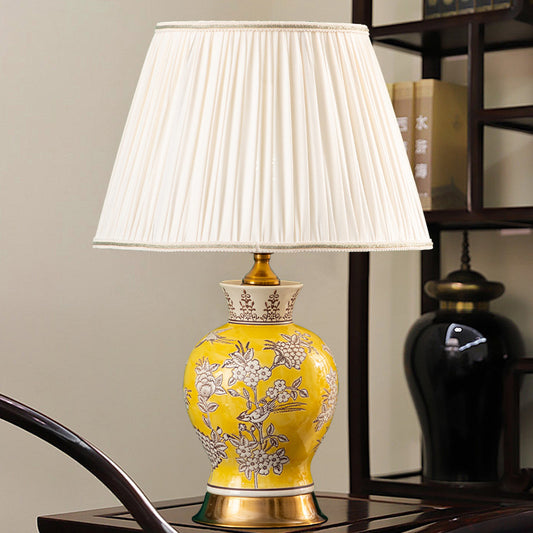 Songbird Bloom Porcelain Chinese Lamp | Floral Table Light Asian Home Decor Gift