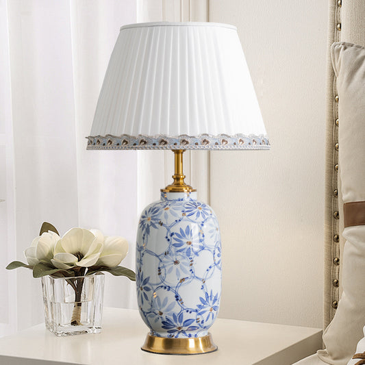 Lámpara de mesa de cerámica Lumière Azure | Pantalla china con base de porcelana, decoración para mesita de noche