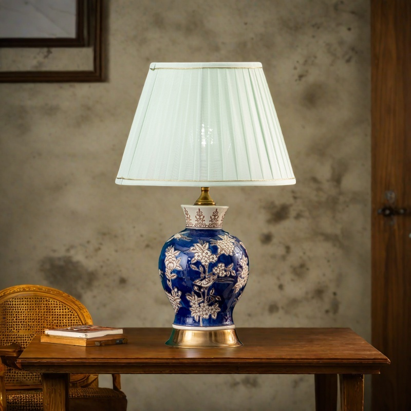 Songbird Bloom Porcelain Chinese Lamp | Floral Table Light Asian Home Decor Gift