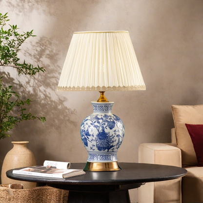 Songbird Bloom Porcelain Chinese Lamp | Floral Table Light Asian Home Decor Gift