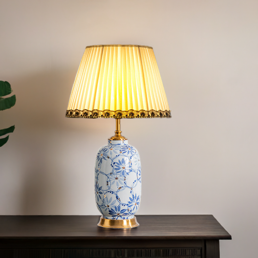 Lumière Azure Porcelain Table Lamp | Chinese Lamp Shade with Porcelain Base Bedside Decor